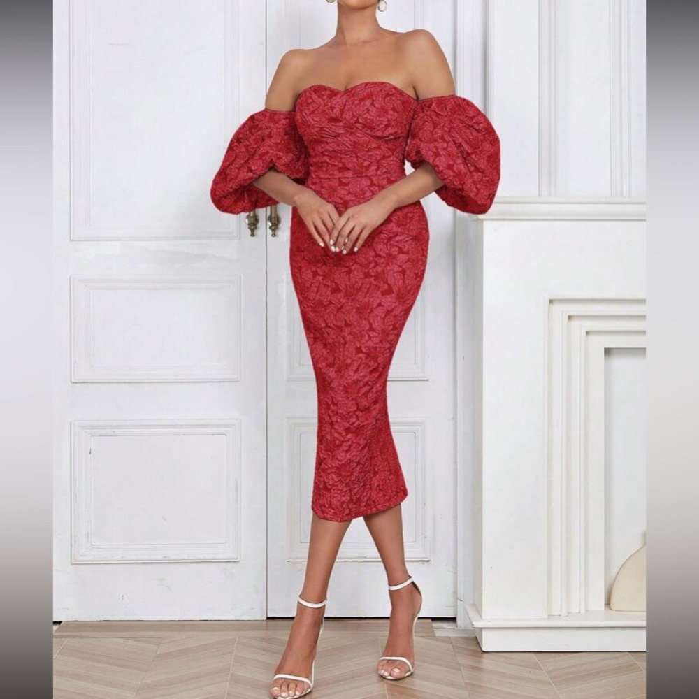 Luxe floral jacquard off shoulder party formal evening dress